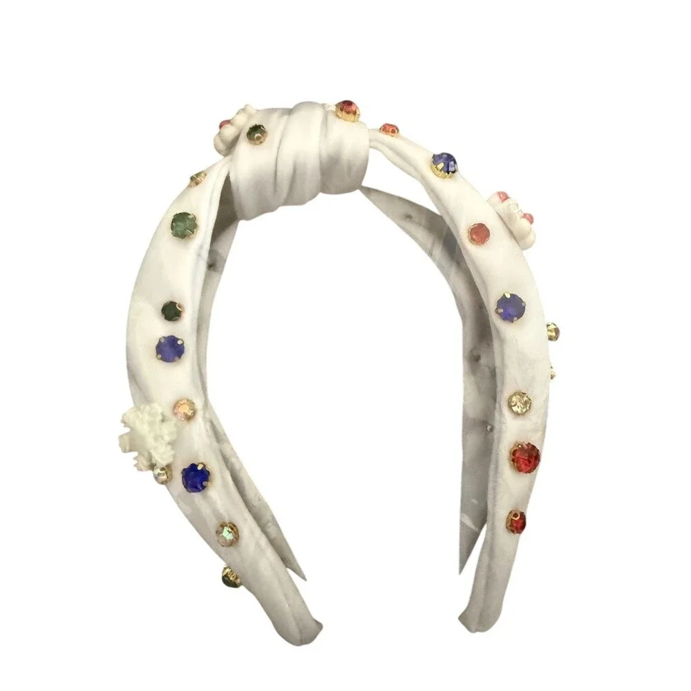 White Knotted Padded Headband Multicolor Rhinestones Christmas Charms